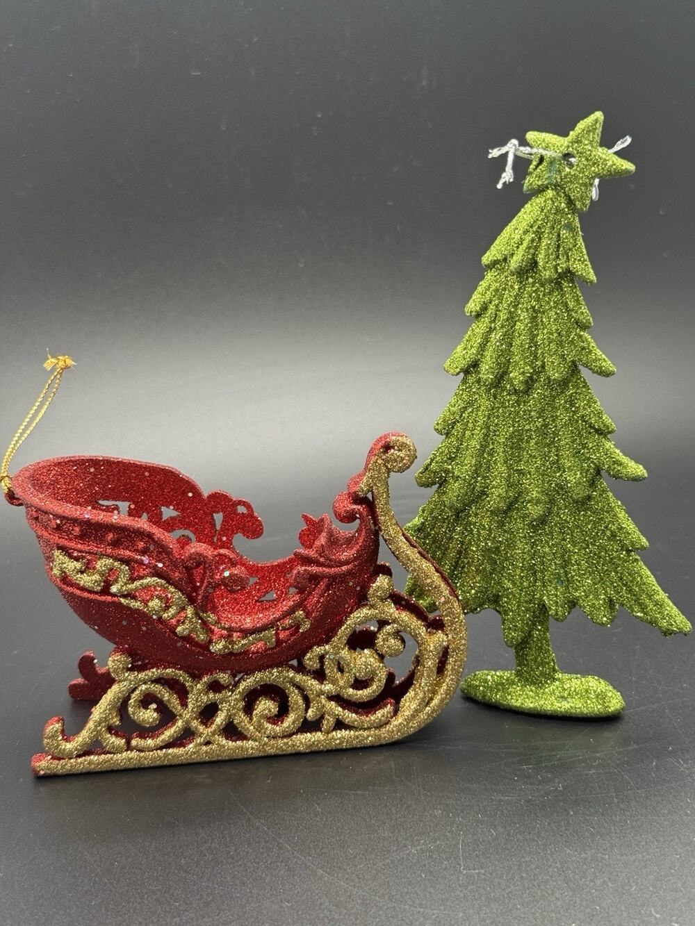 Shatterproof Red Glitter Santa Sleigh w/ Tree Christmas Ornament